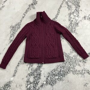 Inis Crafts Merino Wool Cable Knit Zip‎ Sweater Burgundy Womens Medium Ireland